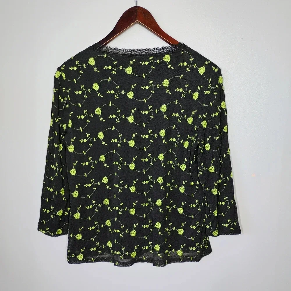 Style & Co Y2K Sheer Sleeve Babydoll Floral Embroidered‎ Top Black Size Large